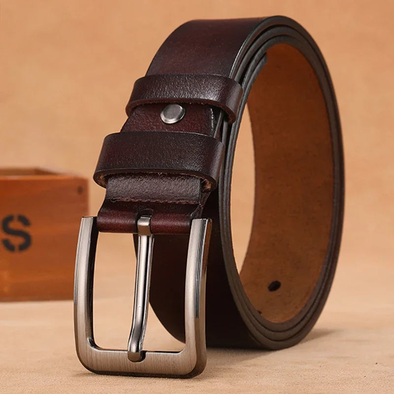 Genuine Leather Men's Belt with Large Pin Buckle - Plus Sizes Available